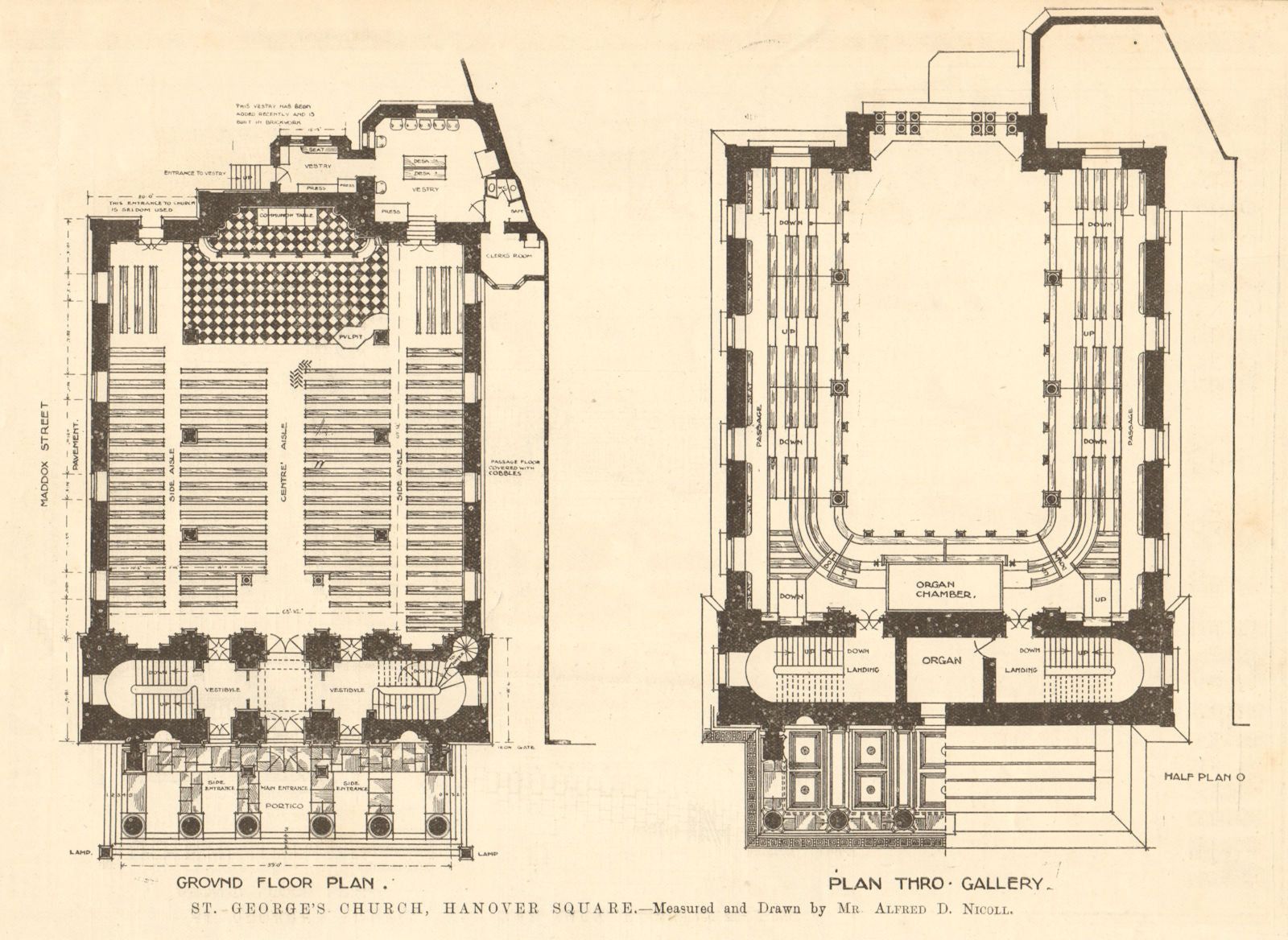 St George's church, Hanover Square. Alfred D. Nicoll. Plan. London 1907 print